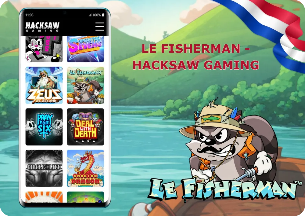 Hacksaw Gaming portfolio met Le Fisherman slot op mobiel scherm