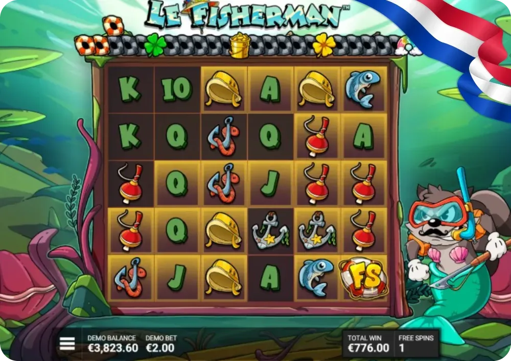 Smokey duikt onderwater tijdens Le Fisherman free spins bonusronde