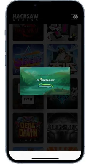 Le Fisherman demo popup in Hacksaw Gaming catalogus op smartphone