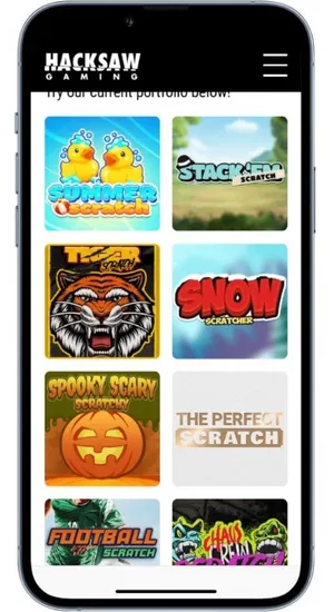 Hacksaw Gaming kraskaarten portfolio naast Le Fisherman op mobiel